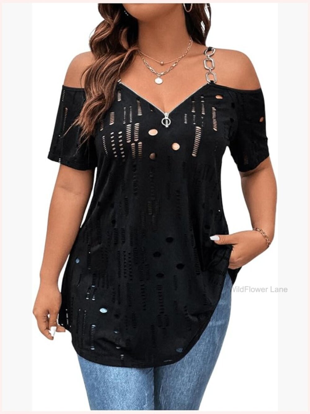 Plus Size Cold Shoulder Zip Up Tee Shirt